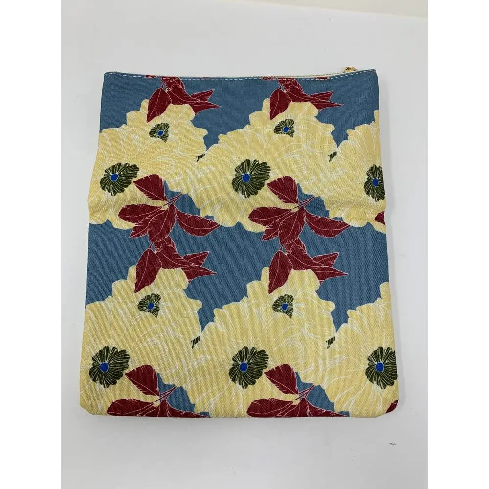Rachel Pally Reversible Clutch Bag Pouch Blue Floral Flowers Yellow Zipper White